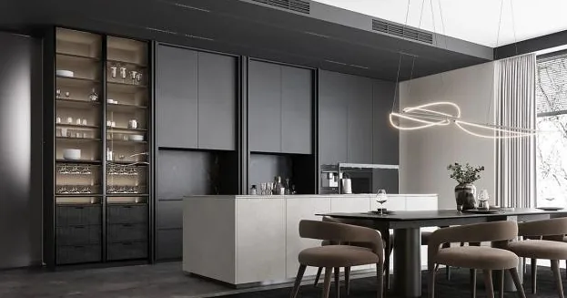 Cas de design d’intérieur complet: une interprétation minimaliste aux accents gris foncé
